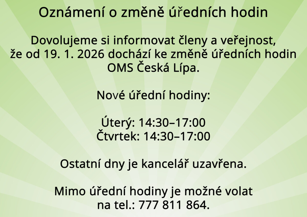 Oznámení o změně úředních hodin